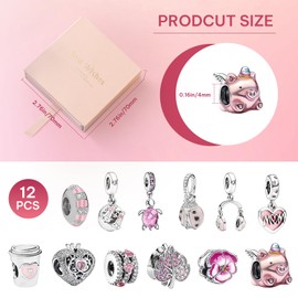 DOLLGIFT 12 Pcs Spacer Beads Charms for Jewellery Making, Pendant Beads for Pan Bracelet & Necklace, Sparking Charms Gift for Women Friends Family Birthday Anniversaries (Pink)