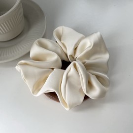 SYSUII Pack of 4 Satin Scrunchies Large Hair Scrunchies Women - Silk Hair Scrunchies Cable Elastic Hair Bands Rubber Bands Retro Ponytail Hair Band Hair Accessories for Women Girls - Beige White