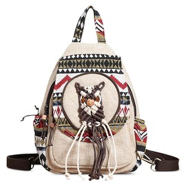 DIRRONA Women Backpack Fashion Embroidery Daypack Multifunctional Chest Pack Casual Crossbody Bag Canvas Travel Work Shopping Dating Retro Backpacks Handbag Light Yellow