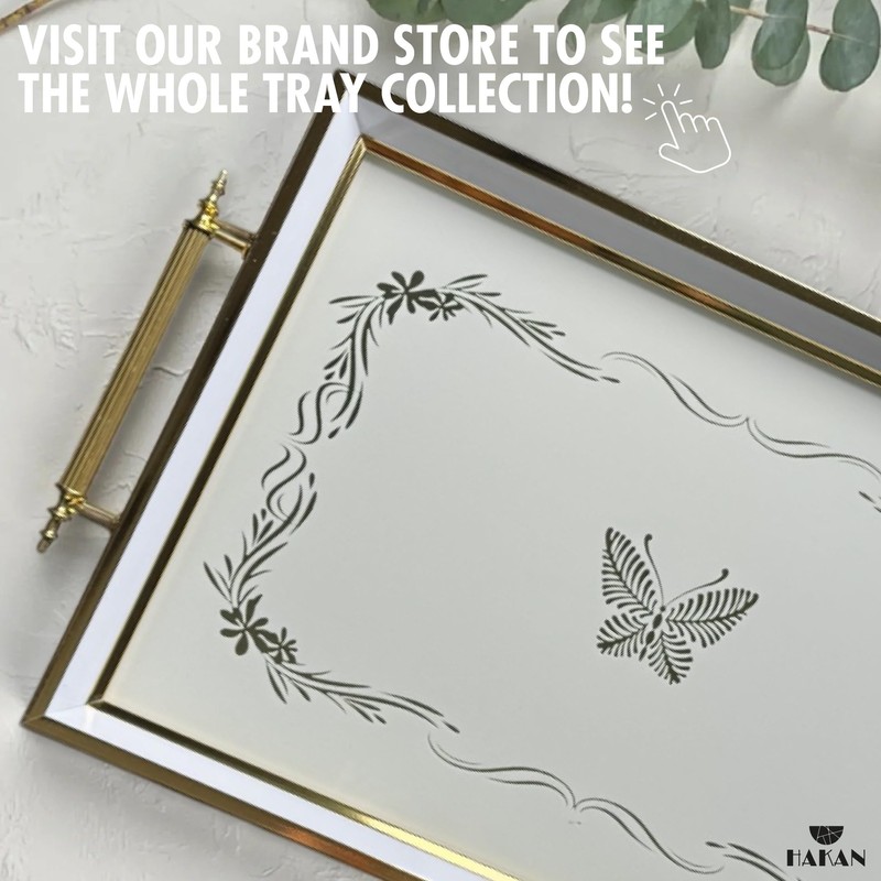 Hakan Rectangular Decorative Serving Tray 19x11.5-inch White-Butterfly with Glass Surface,