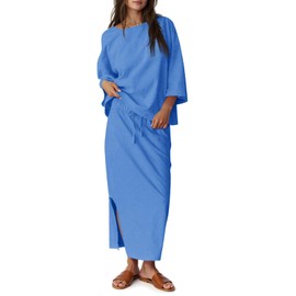 Tankaneo Womens 2 Piece Outfits Fall Skirt Sets Oversized 3/4 Sleeve Top and Maxi Skirt Vacation Matching Lounge Set