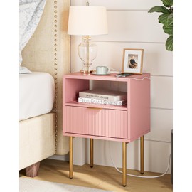 Masupu Nightstand with Charging Station,Mid-Century Modern Bedside Table with Storage Drawer and Open Wood Shelf,Small Gold Frame Side Table for Bedroom,Living Room (Pink)