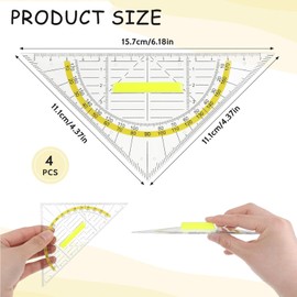 SURALIN 4 Piece Set Square with Handle, Clear Plastic Protractor, Geometric Mathematical Ruler Measuring Tool, Set Square