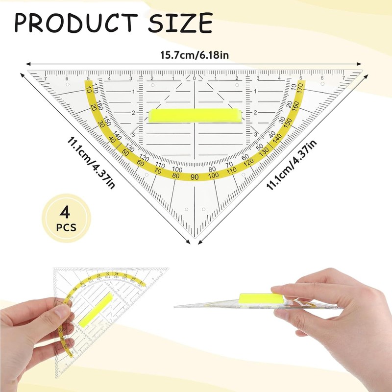 SURALIN 4 Piece Set Square with Handle, Clear Plastic Protractor,