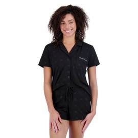 Paris Hilton Women's Short Sleeve Notch Collar and Drawstring Shorts Shiny Foil PARIS Pajama Set, Black PARIS, M