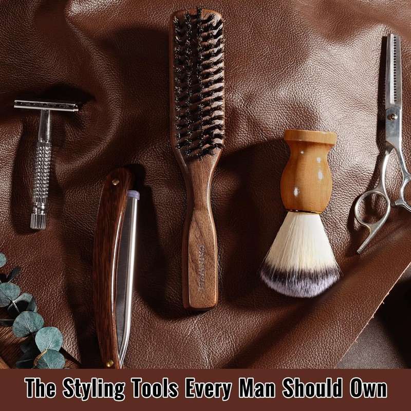 Mens Hair Brush Beard Comb Set, Slick Back Boar Bristle