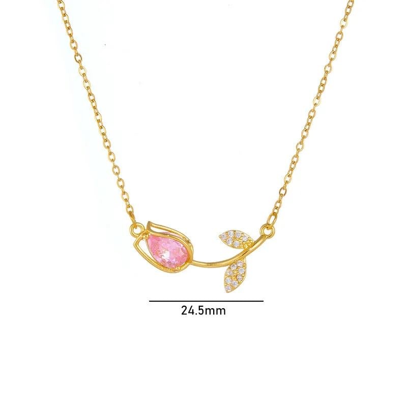 Generic 14k Yellow Gold Pink Zircon Tulip Pendant Necklace, Women's