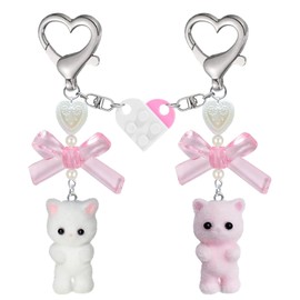 Moguri 2 Pieces Pink and White Cat Keyring Set, Plush Kitty Couple Keychains, Heart Decor, Matching Accessories, Y2K Aesthetic Gifts