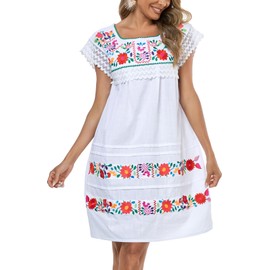 YZXDORWJ Women's Mexican Dress Peasant Dress Embroidered Floral Linen Dresses Summer Mini Lace Short Sleeve Bohemian Dress (S, 523W)
