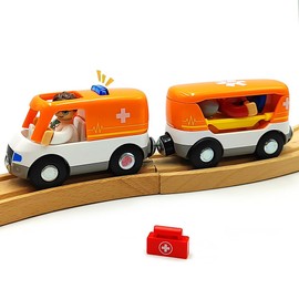Magnetic Trains Cars Playset Wooden Train Track Accessories Train Set for Toddlers 3-5 Wooden Train Sets for Boys Ages 3-4-7 (Ambulance B (with Light and Sound))