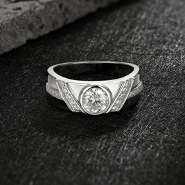 SweetJew Mens 1.5cttw Moissanite Stone D Color VVS1 Wedding Band 925 Sterling Silver With 20 Round Cut 5A Cubic Zirconia Valentines Day Gifts for Him Size 9