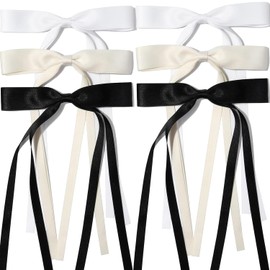 6PCS Silky Satin Hair Bows Ribbon Hair Clips, Ribbon Satin Hair Bows with Long Tail Tassel Bow Clips BowKnot Barrettes Hair Accessories for Women Girls (Black+Beige+White)