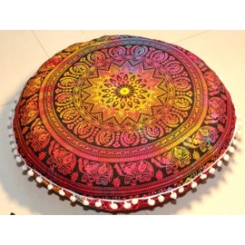 Round Mandala Floor Pillow Cover Seating Cushion Throw Cover Hippie Decorative Bohemian Ottoman Pouf Cover, Pom Pom Pillow Cases,Boho Indian 22 Inches (Multi Elephant Flower)
