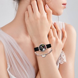 JewelryWe Women's Watch Bracelet Jewellery Set Women's Children Analogue Quartz Watch with Flower Strawberry and Heart Leather Watch Adjustable Beads Ball Bangle for Women Girls, 4 pieces., Feminine