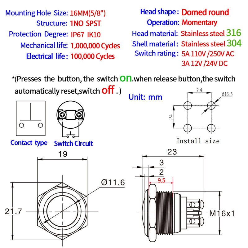 3PCS 16mm Momentary Push Button Switch Waterproof IP67 0.63" Domed