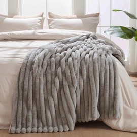 Lotus Karen Blanket for Bed Queen Size - Cozy Soft Fluffy Fuzzy Gray Blanket, Striped Warm Thick Furry Plush Shaggy Large Blankets for Women, 90x90 Inches