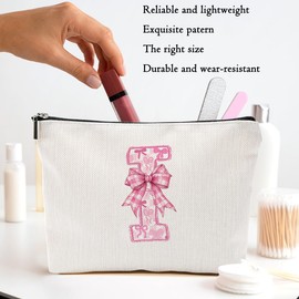 Pink Bow I, Alphabet Makeup Bag for Women, Washable Travel Organizer Toiletry Cosmetic Bag, Coquette Bow Letter Pattern Large Capacity Makeup Pouch with Zipper, Christmas Gifts for Women