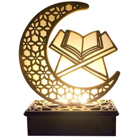 Ramadan LED Lamp Wooden Decoration Eid Mubarak Decoration, Moon Star Festival Decoration Crescent Moon Night Light for Muslim Decorative Prayer Accessories (B)