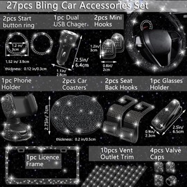 NBTEPEM 27 PCs Black Bling Car Accessories Set for Women, Steering Wheel Covers Universal Fit 15 Inch, Bling License Plate Frame, Bling Phone Holder, Bling Car Coasters (Black Diamond)