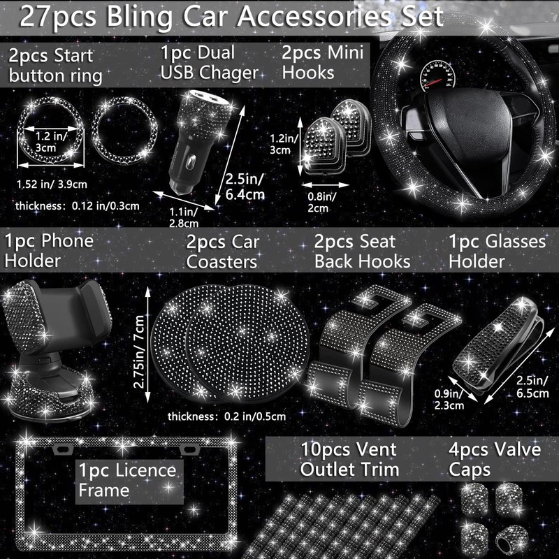 NBTEPEM 27 PCs Black Bling Car Accessories Set for Women,