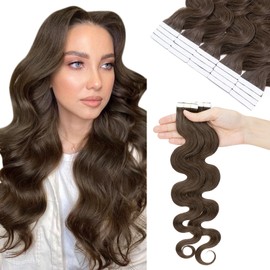 Hairro Tape in Hair Extensions Wavy 100% Human Hair, 22 Inch 50g 20pcs/pack Body Wave Silky Seamless Skin Weft Glue in Human Hairpieces for Women, Cocoa Brown
