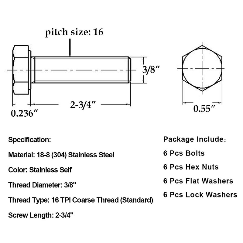 Levanco (6 Sets) 3/8-16x2-3/4 Stainless Steel Hex Head Screws Bolts,