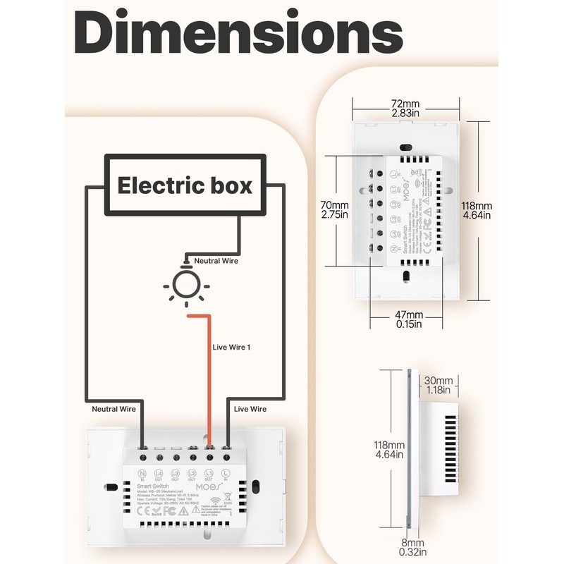 MOES Matter Smart Touch Wall Light Switch, Glass Panel Wi-Fi