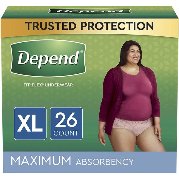 Depend FIT-FLEX Incontinence Underwear For Women, Disposable, Maximum Absorbency, Extra-Large, Blush, 26 Count