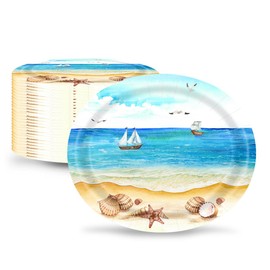 Aysimple 50 Count Nautical Beach Oval Paper Plates Platter 10" x 12" Disposable Sea Shells Ocean Serving Dish for Spa Party Baby Shower Summer Holiday Party Tableware Supplies Decor