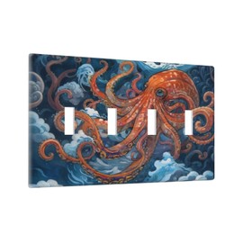 Spshian Retro Red Octopus Monster Blue Sea Wave 4 Gang Light Switch Covers Decorative Quad Toggle Wall Plate Cover 4 Hole Electrical Device Switchplate Dimmer Faceplate for Bathroom Decor