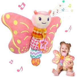 Baby Toys 0-6 Months,Infant Musical Sensory Stuffed Animal with Squeaker,Rattle,Crinkle Wings,Teether & Hanging Ring,Tummy Time Toy for Newborn 0-3-6-12 Months Boys & Girls Gift,Butterfly,Pink