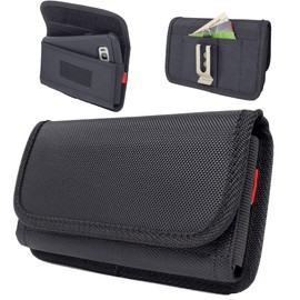 AISCELL Clip Holster Carrying Case for DuraForce Ultra 5G (2021) Horizontal Rugged Black Nylon Tactical Canvas Pouch w/Secure Metal Belt Clip Holster and Card Slot (Military Grade)