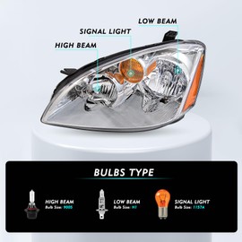 TUSDAR Fit for 2002 2003 2004 Nissan Altima Headlight Assembly Halogen Model Left Driver and Right Passenger Side Headlamp (Chrome Housing with Amber Reflector)