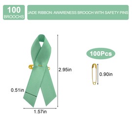 CRAFFANCY 100Pcs Jade Ribbon Awareness Satin Pins Hepatitis B Awareness HBV Support Ribbon Pin Emerald Green Brooch with Safety Pin