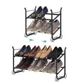 SunnyPoint Expandable & Stackable 2-Tier Shoe Rack – Adjustable Shoe Organizer for Entryway, Closet or Bedroom, Holds 4 to 8 Pairs, Space-Saving Metal Shoe Storage Shelf (17.5"–31.49" W) (BLK, 2 Tier)