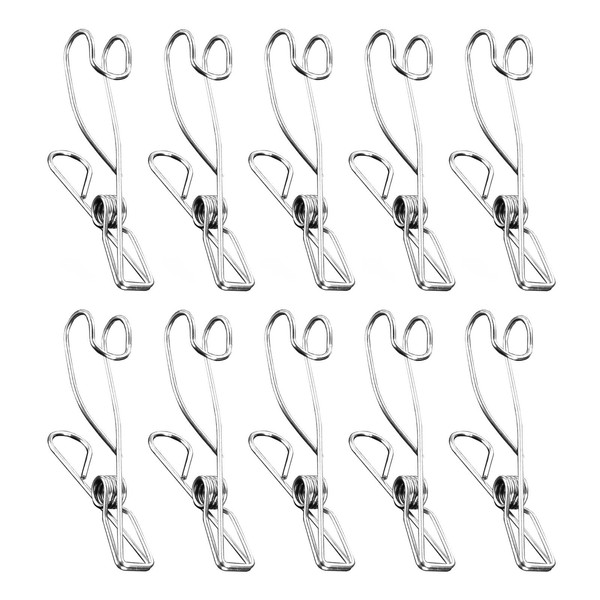RICISUNG Clothespins, Stainless Steel Hook Clips, Set of 10, Indoor, Bathroom, Washroom, Laundry Dryer, Sandwich, Kitchen, Dish Towel, Clothesline, Pinch, Multi-purpose, Stainless Steel, Durable