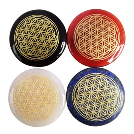 Lovionus89 Pack of 4 Flower of Life Symbol Polished Palm Tree Stone for Reiki Crystal Healing Engraved Positive Energy Bag Stone, Black Obsidian + White Crystal + Lapis Lazuli + Carnelian