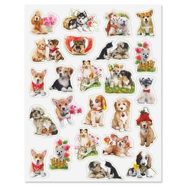 Puppy Pals Stickers - Set of 2 Sheets, Dogs & Flowers Spring Easter Stickers, 1 1/2" Diameter, Kids Activity