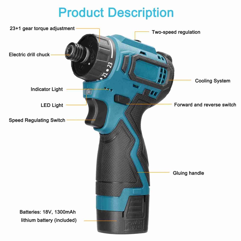 18V Lithium Screwdriver Adjustable 2 Speed Control Modes Multifunctional Repairing