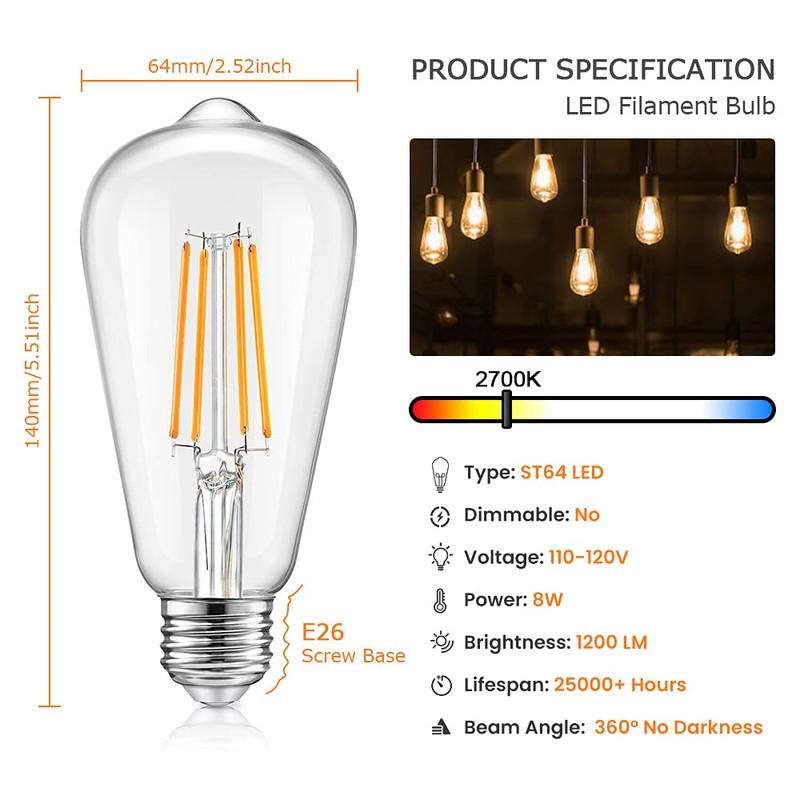 Vintage LED Dimmable Edison Light Bulbs 100W Incandescent Equivalent, 8W