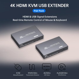 RYXN HDMI KVM USB Extender Over Cat6 Transmits 4K@30Hz Up to 394ft/120m, with 2 USB Ports Supports Mouse and Keyboard Remote Control, Both Ends Feature Audio Extractor Function