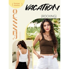 Y2k Crop Tank Tops Women 2000s Basic Square Neck Sleeveless Bow Knot lace Trim Cute Vintage Knit Ribbed Fitted Summer Trendy Going Out Rave Camisole cami Bustier Teen Girls 2024 L Beige