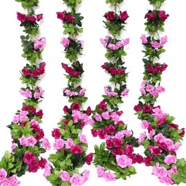 Floweroyal - Paquete de 4 guirnaldas de flores artificiales de 15.8 pies, flores de seda para colgar en rosa, hiedra para boda, fiesta, hogar, jardín, decoración de pared (fucsia)