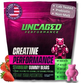 Uncaged Performance Creatine Monohydrate Gummies 5g with Prebiotic Fiber for Muscle Growth & Strength, 30 Servings, Strawberry - Lab Tested - 5000mg Premium All Natural