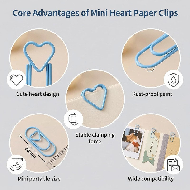 100Pcs 2x1cm Blue Heart Shaped Metal Paper Clips, Small Cute