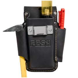 FESA Small Leather Tool Pouch - 4-in-1 Heavy Top Grain Leather Small Tool Pouch with a Steel Tape Measure Clip, 3 Pockets & Reinforced Heavy Duty Rivets - Fits Belts up to 3" - Handcrafted (Black)