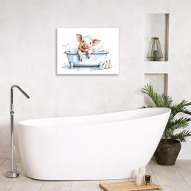 Pig Bathroom Canvas Wall Art Funny Animal Pig in Bathtub Pictures Painting Modern Artwork For Toilet Laundry Washroom Restroom Framed Wall Decor 12"x16"