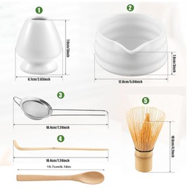 Roczential 5-Pack Matcha Set with Matcha Whisk Stand, Bamboo Matcha Whisk, Bowl with spout, Bamboo Matcha Spoon and Stainless Steel Sieve, Matcha Tea Set (White)