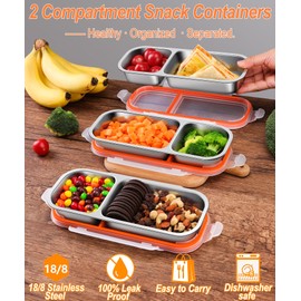 3 Pack Stainless Steel Snack Containers for Kids & Adults - Leek Proof Metal Bento Lunch Box with 2 Compartment - Lunchable Containers for Daycare, School, Work, Travel - Stackable Snack Bento Box