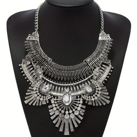 Thkmeet Vintage Bohemian Statement Necklace for Women - Alloy Crystal Tribal Boho Pendant Jewelry, Silver